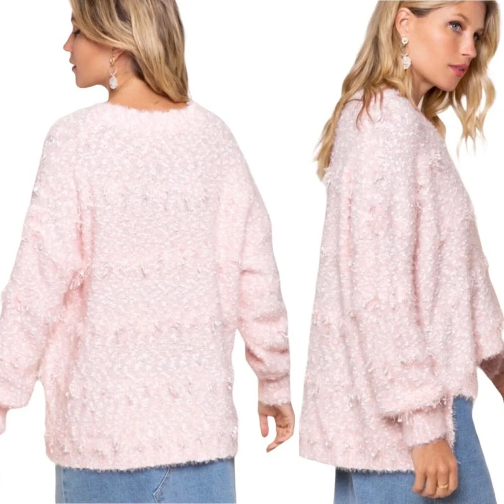 SALE POL Pink & White Plush & Fuzzy Popcorn Sweater Oversized